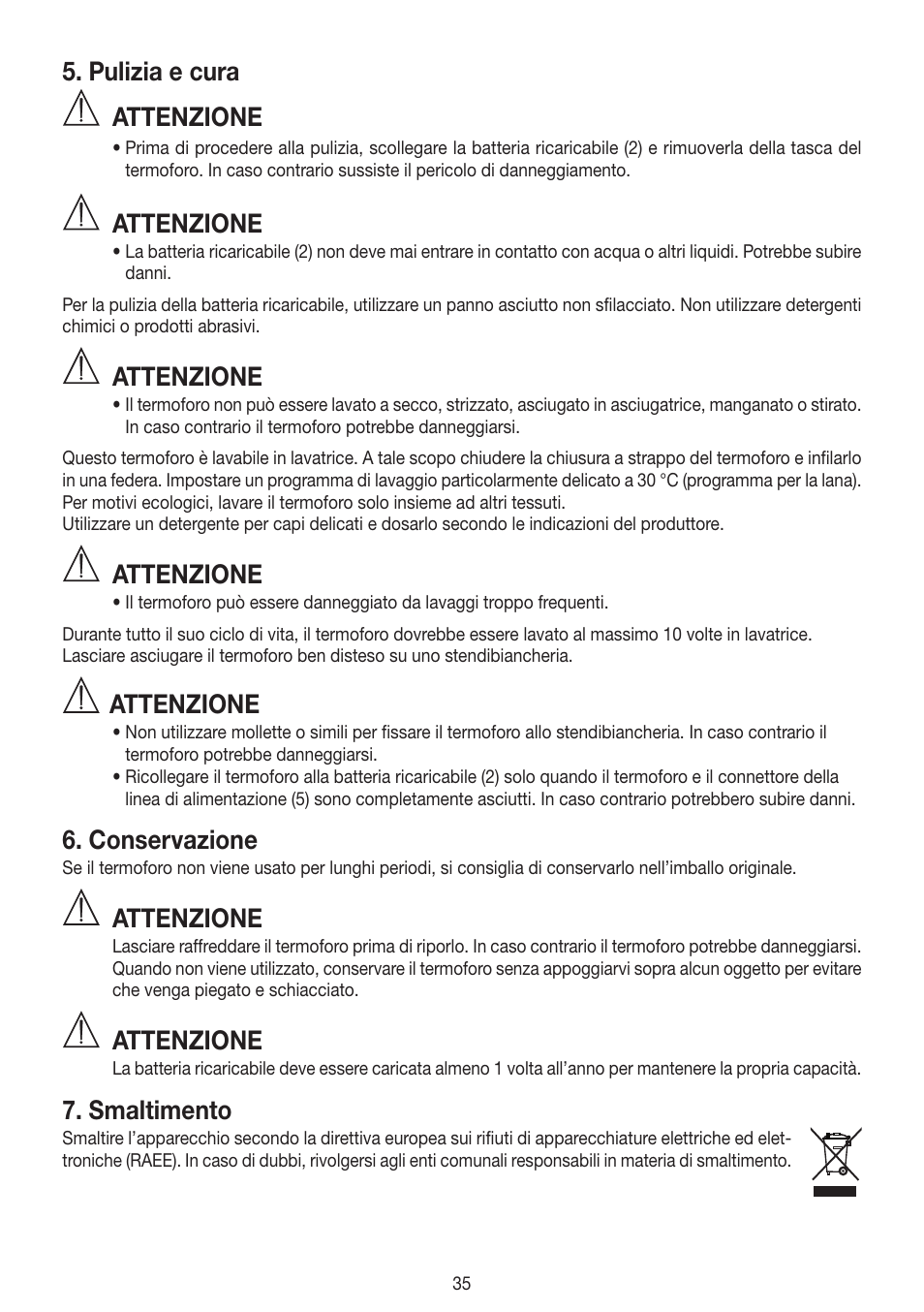 Pulizia e cura, Attenzione, Conservazione | Smaltimento | Beurer HK 72 User Manual | Page 35 / 60