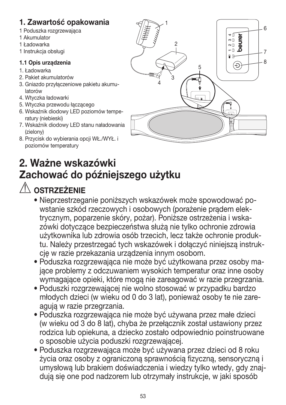 Ważne wskazówki zachować do późniejszego użytku, Zawartość opakowania | Beurer HK 72 User Manual | Page 53 / 60