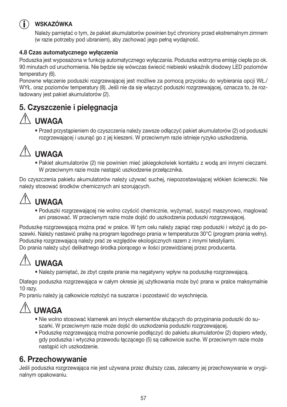 Czyszczenie i pielęgnacja, Uwaga, Przechowywanie | Beurer HK 72 User Manual | Page 57 / 60