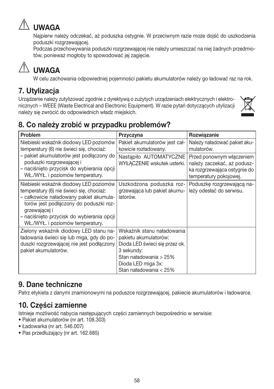 Uwaga, Utylizacja, Co należy zrobić w przypadku problemów | Dane techniczne, Części zamienne | Beurer HK 72 User Manual | Page 58 / 60