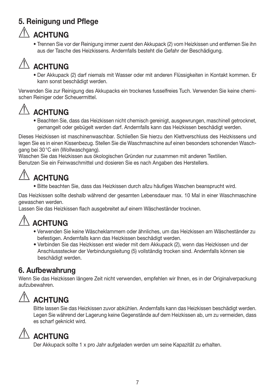 Reinigung und pflege, Achtung, Aufbewahrung | Beurer HK 72 User Manual | Page 7 / 60