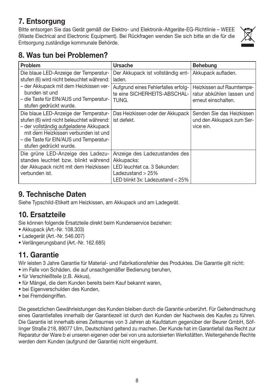 Entsorgung, Was tun bei problemen, Technische daten | Ersatzteile, Garantie | Beurer HK 72 User Manual | Page 8 / 60