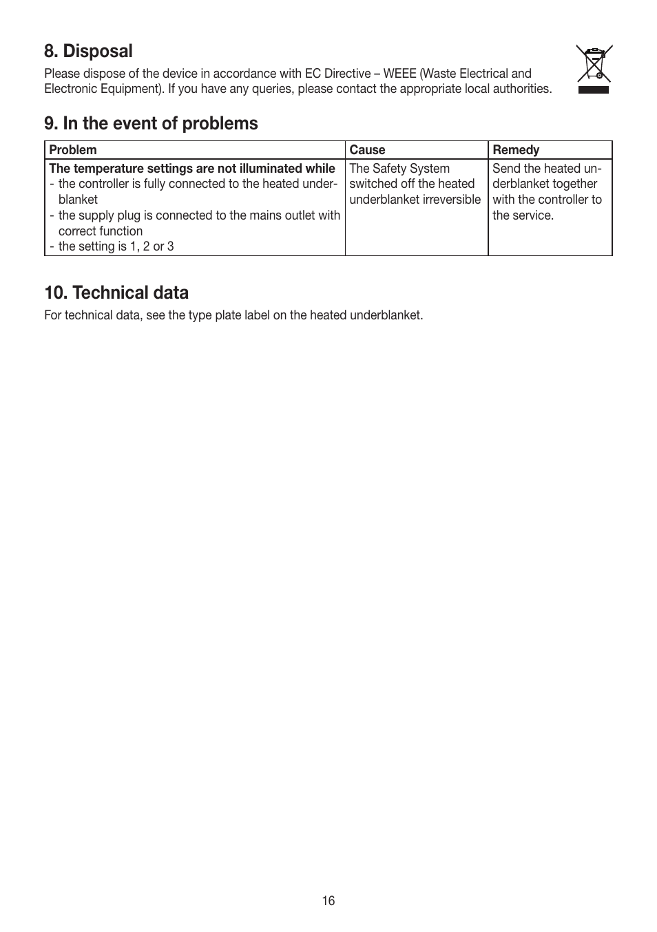 Disposal, Technical data | Beurer UB 30 User Manual | Page 16 / 60