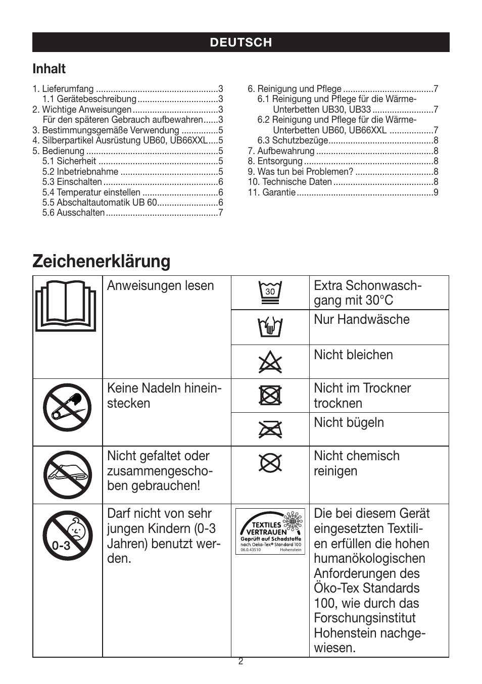 Zeichenerklärung, Inhalt | Beurer UB 30 User Manual | Page 2 / 60