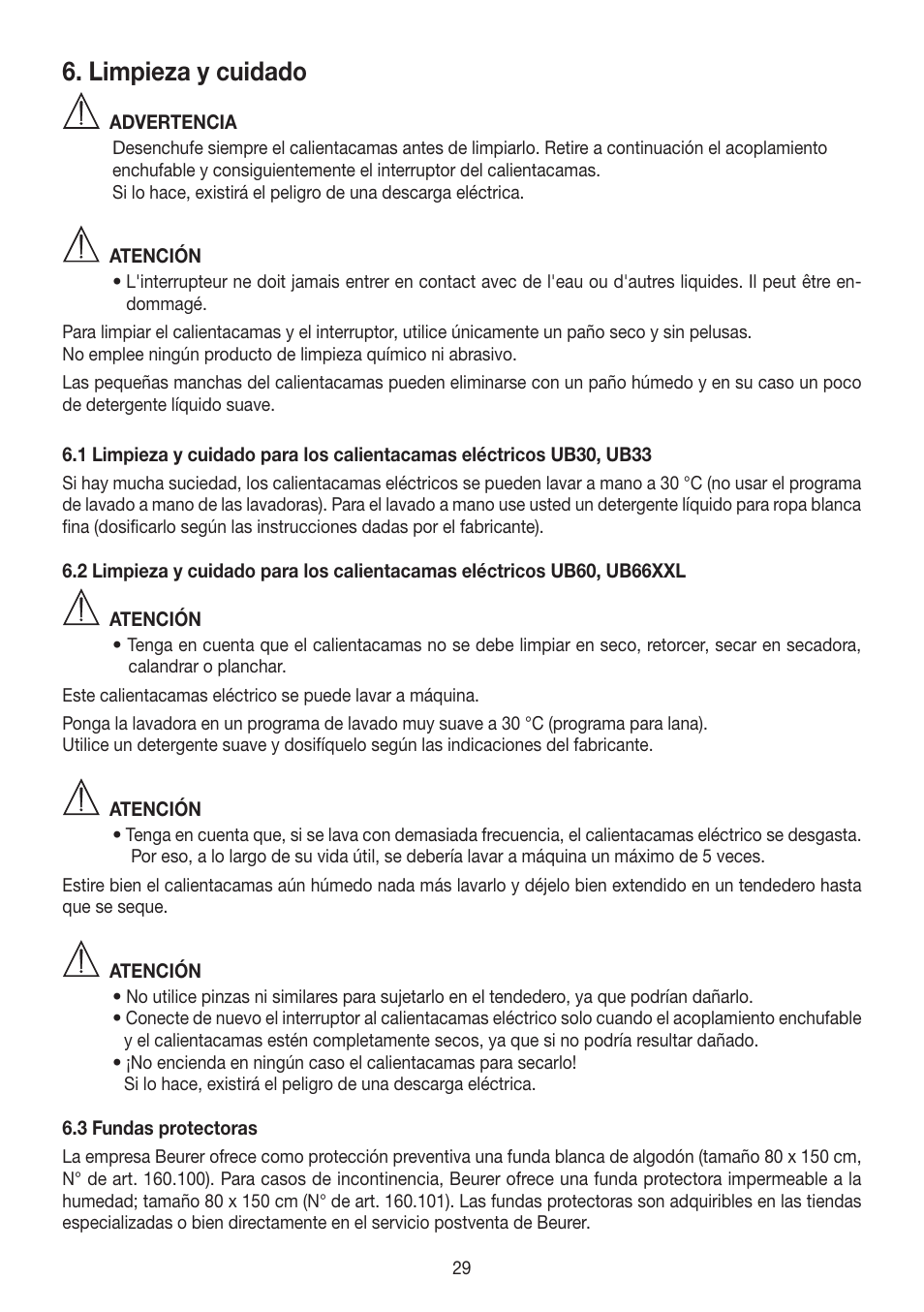 Limpieza y cuidado | Beurer UB 30 User Manual | Page 29 / 60