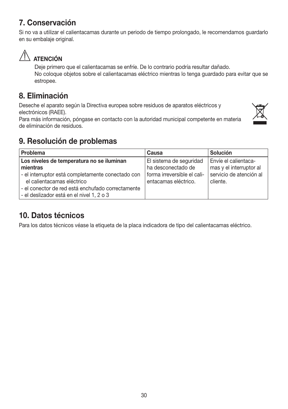 Conservación, Eliminación, Resolución de problemas | Datos técnicos | Beurer UB 30 User Manual | Page 30 / 60