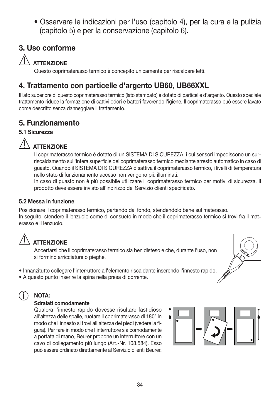 Trattamento con particelle d'argento ub60, ub66xxl, Funzionamento | Beurer UB 30 User Manual | Page 34 / 60