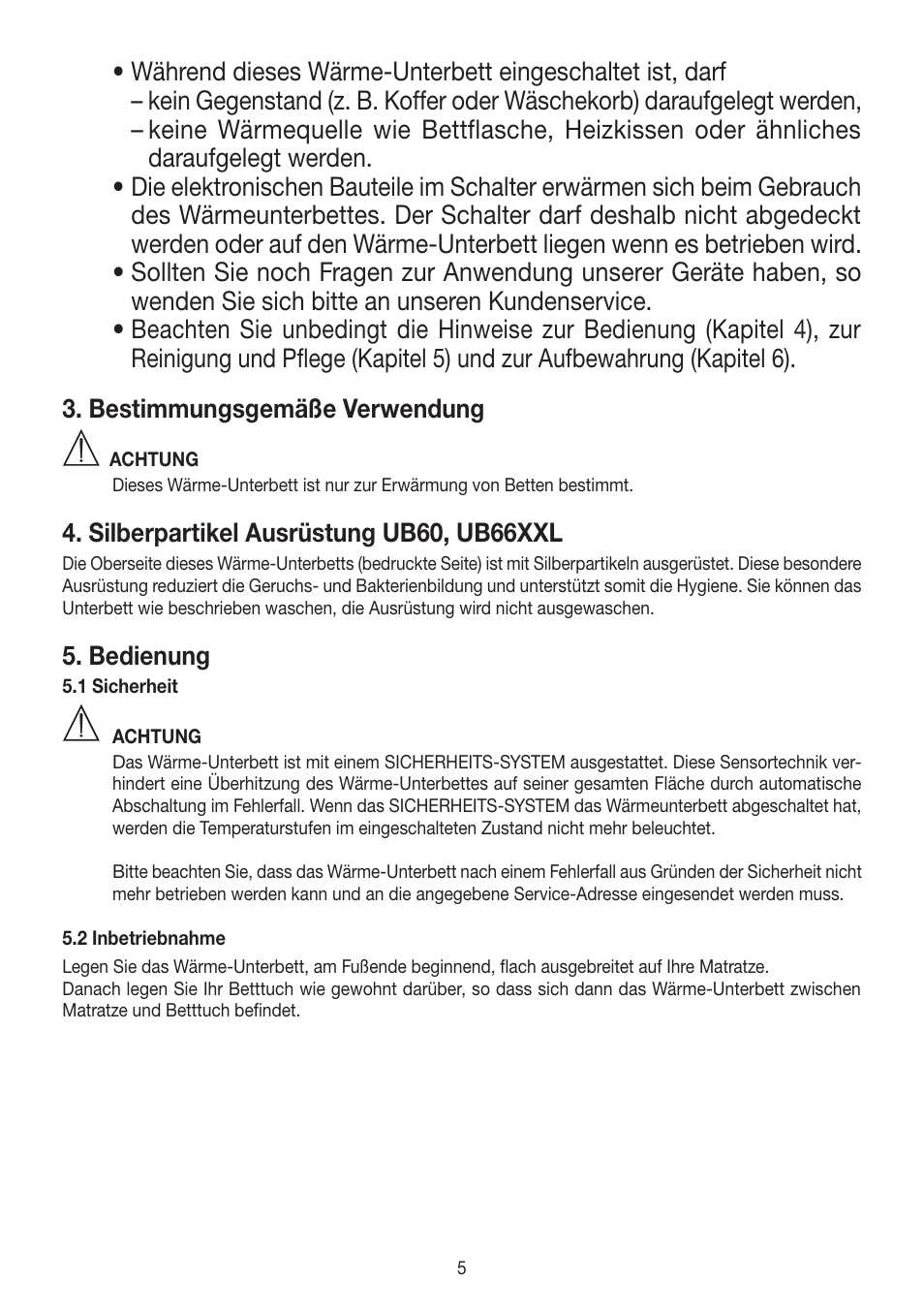 Silberpartikel ausrüstung ub60, ub66xxl, Bedienung | Beurer UB 30 User Manual | Page 5 / 60