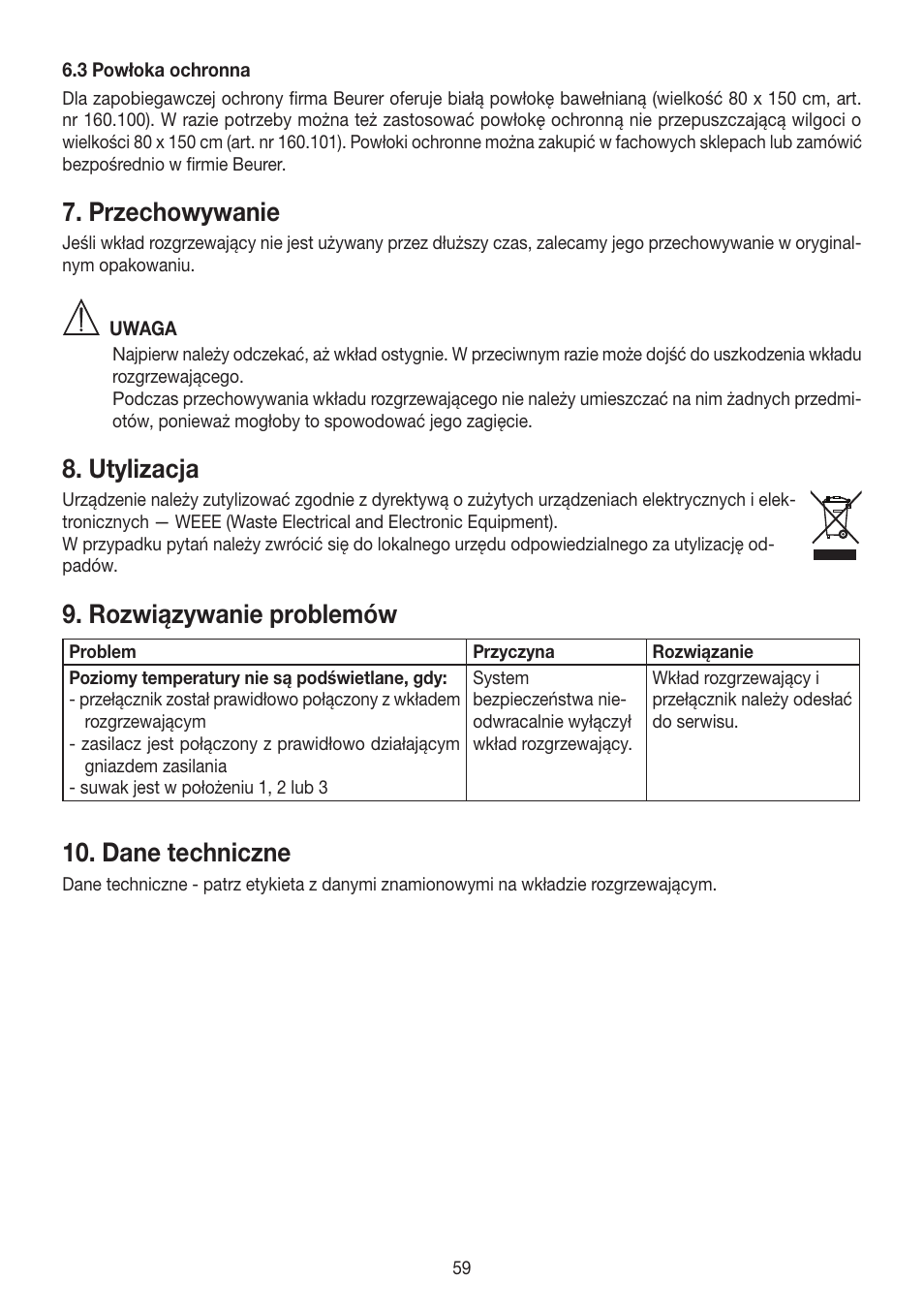 Przechowywanie, Utylizacja, Rozwiązywanie problemów | Dane techniczne | Beurer UB 30 User Manual | Page 59 / 60