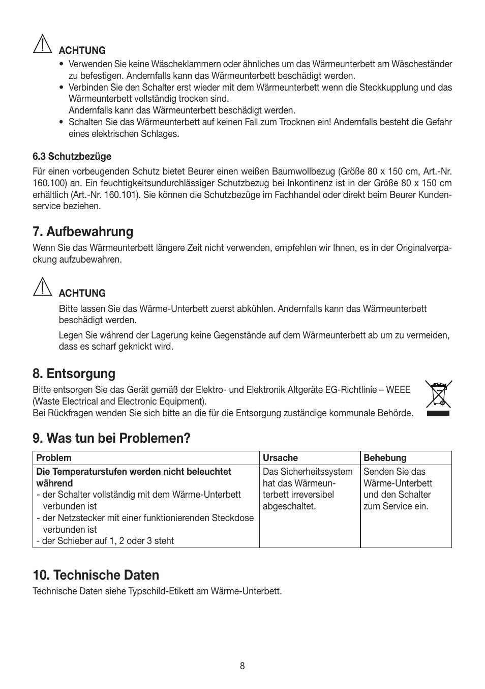 Aufbewahrung, Entsorgung, Was tun bei problemen | Technische daten | Beurer UB 30 User Manual | Page 8 / 60