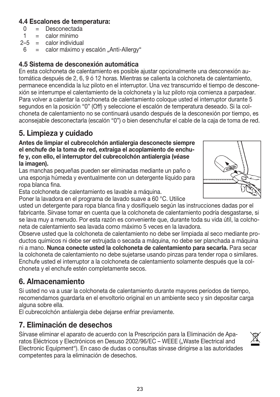 Limpieza y cuidado, Almacenamiento, Eliminación de desechos | Beurer UB 85 User Manual | Page 23 / 44