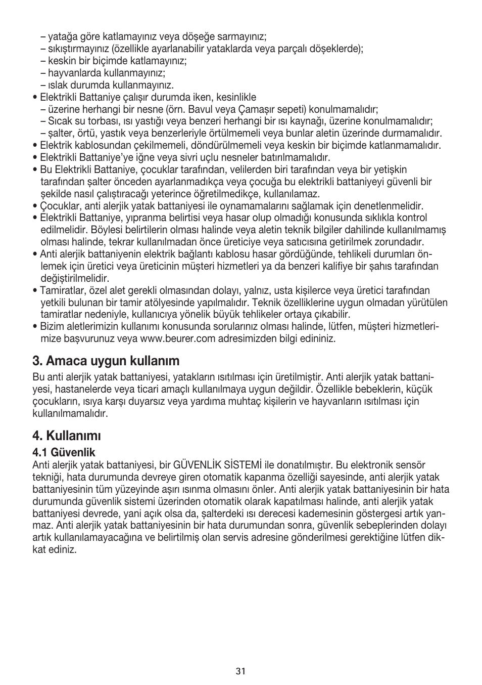 Amaca uygun kullanım, Kullanımı | Beurer UB 85 User Manual | Page 31 / 44