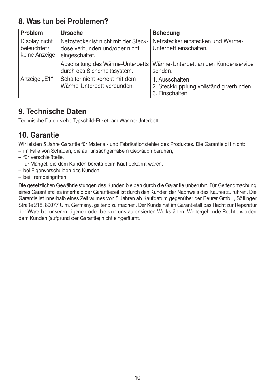 Was tun bei problemen, Technische daten, Garantie | Beurer UB 90 User Manual | Page 10 / 72