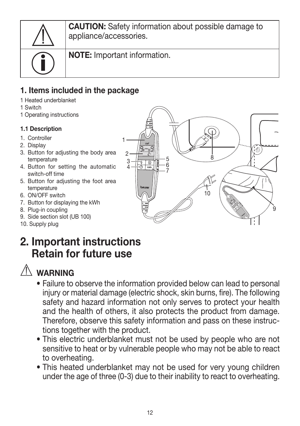 Important instructions retain for future use | Beurer UB 90 User Manual | Page 12 / 72