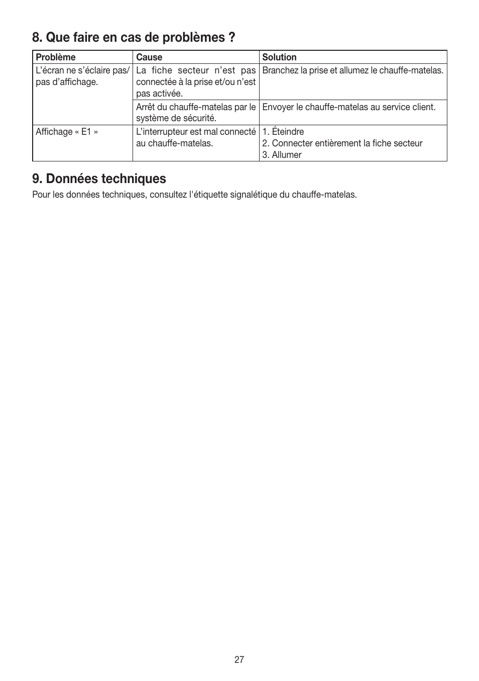 Que faire en cas de problèmes, Données techniques | Beurer UB 90 User Manual | Page 27 / 72