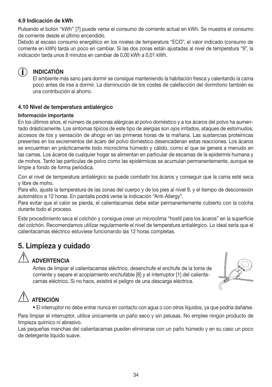 Limpieza y cuidado | Beurer UB 90 User Manual | Page 34 / 72