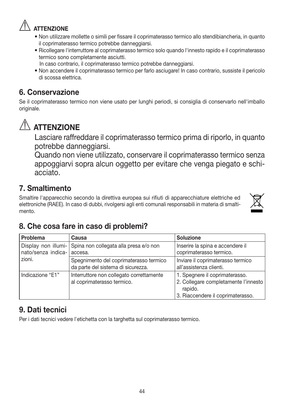 Conservazione, Che cosa fare in caso di problemi, Dati tecnici | Beurer UB 90 User Manual | Page 44 / 72