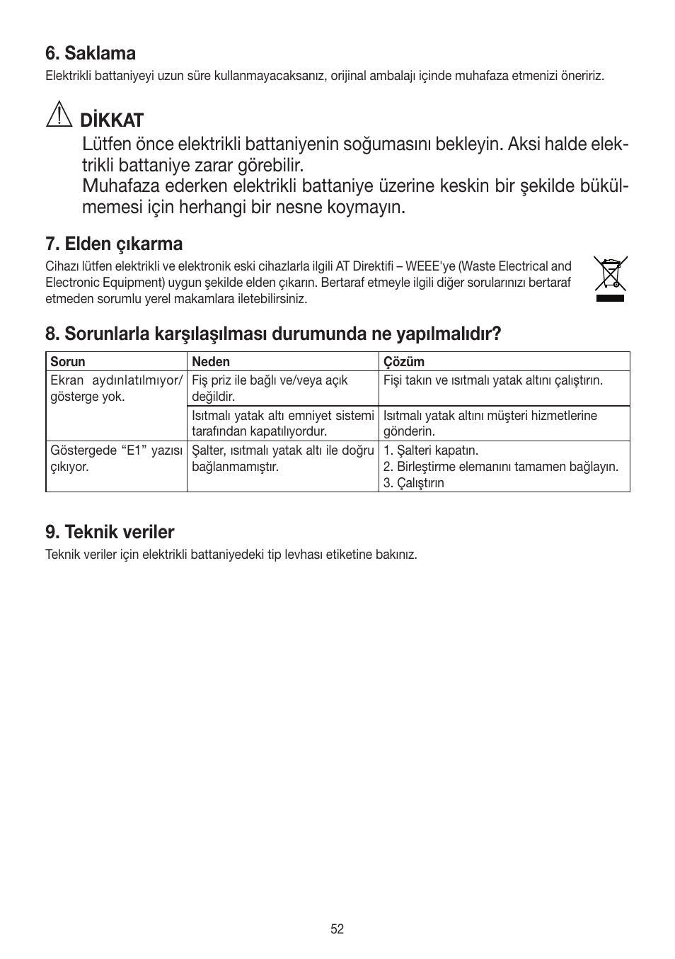 Saklama, Teknik veriler | Beurer UB 90 User Manual | Page 52 / 72