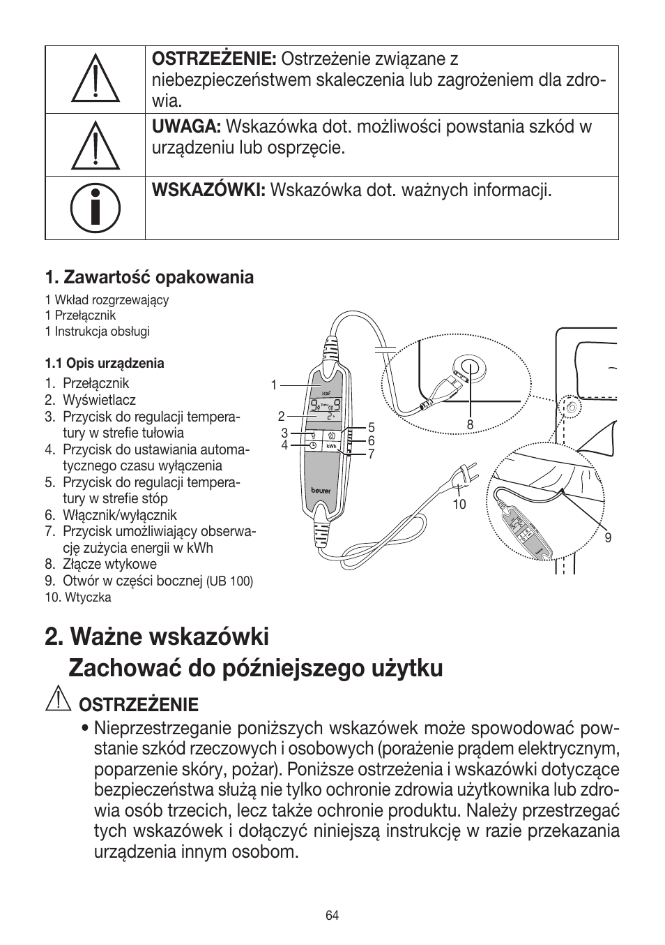 Ważne wskazówki zachować do późniejszego użytku | Beurer UB 90 User Manual | Page 64 / 72