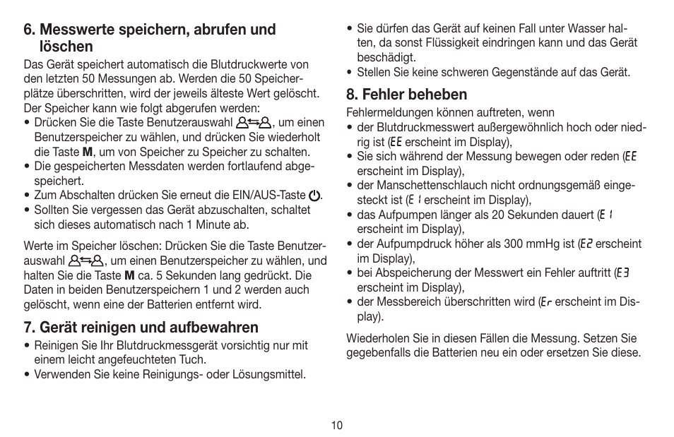 Messwerte speichern, abrufen und löschen, Gerät reinigen und aufbewahren, Fehler beheben | Beurer BC 16 User Manual | Page 10 / 88