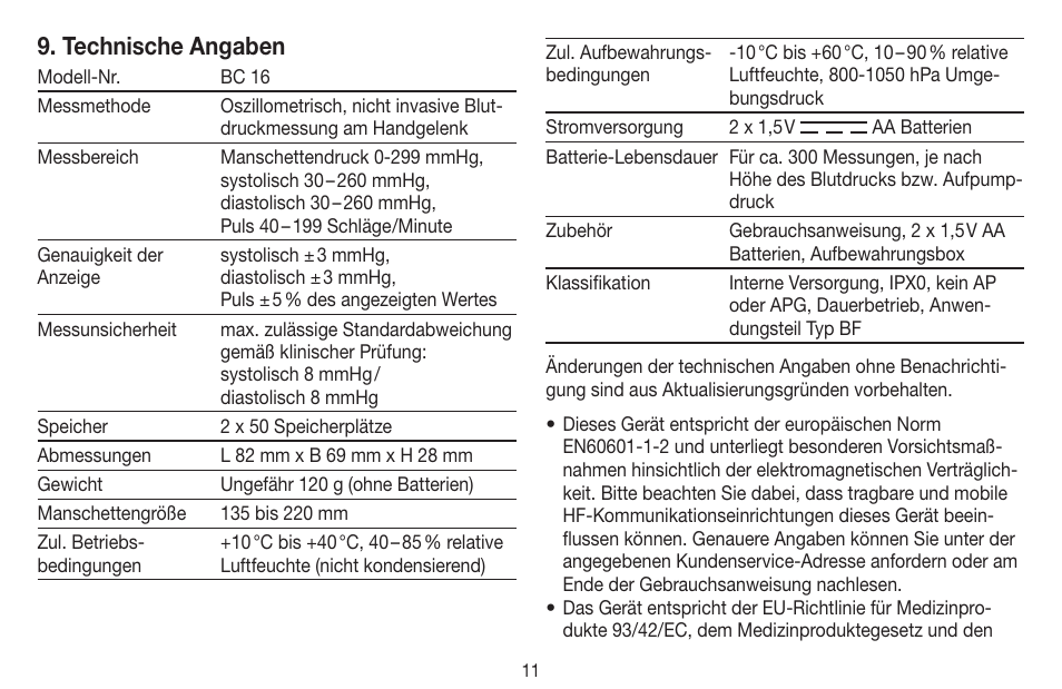 Technische angaben | Beurer BC 16 User Manual | Page 11 / 88