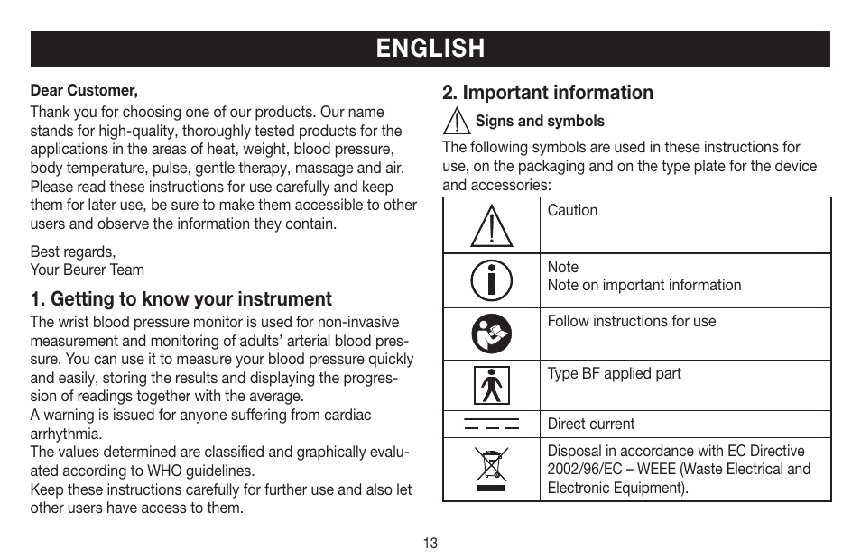 English, Getting to know your instrument, Important information | Beurer BC 16 User Manual | Page 13 / 88