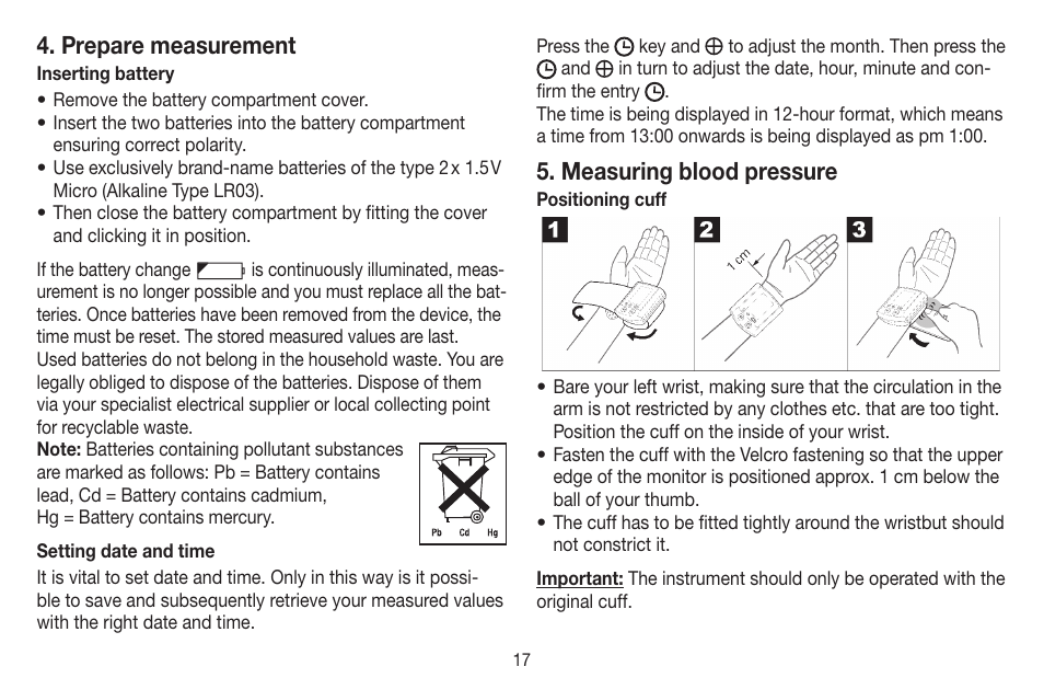 Prepare measurement, Measuring blood pressure | Beurer BC 16 User Manual | Page 17 / 88