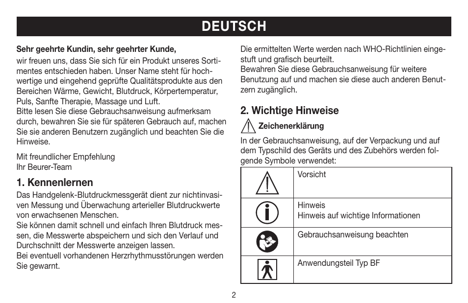 Deutsch, Kennenlernen, Wichtige hinweise | Beurer BC 16 User Manual | Page 2 / 88