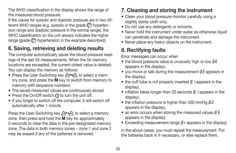 Saving, retrieving and deleting results, Cleaning and storing the instrument, Rectifying faults | Beurer BC 16 User Manual | Page 20 / 88