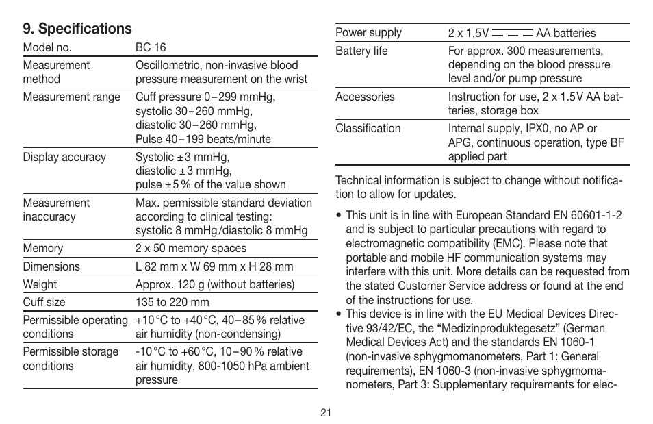 Specifications | Beurer BC 16 User Manual | Page 21 / 88