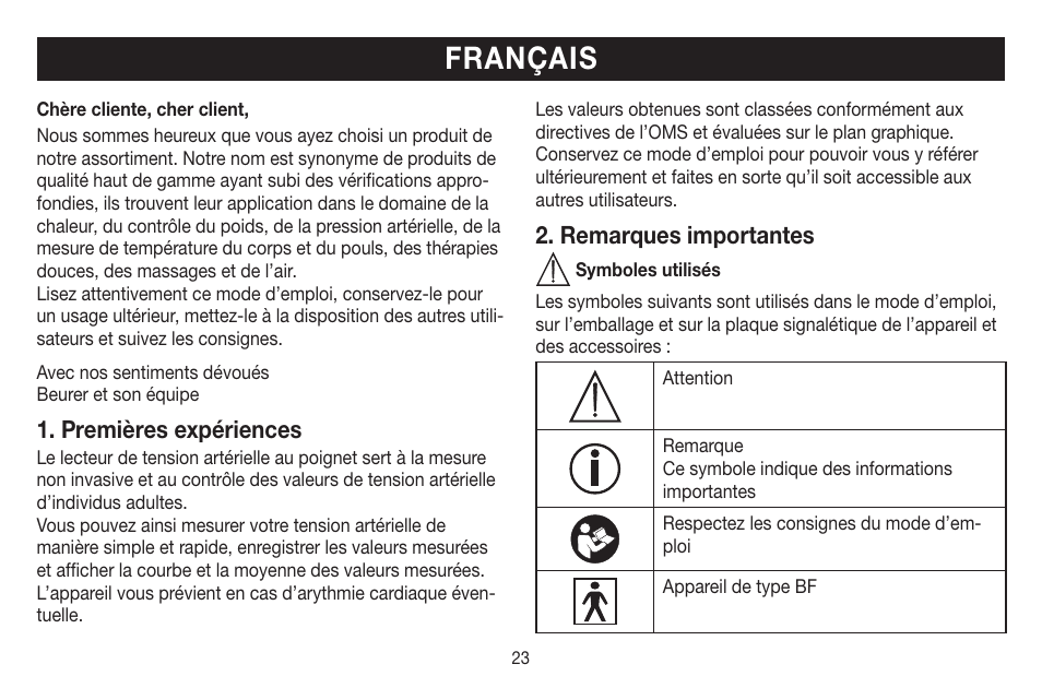 Français, Premières expériences, Remarques importantes | Beurer BC 16 User Manual | Page 23 / 88