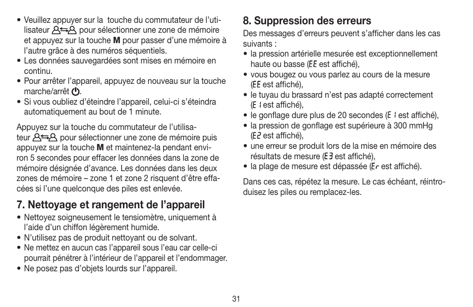 Nettoyage et rangement de l’appareil, Suppression des erreurs | Beurer BC 16 User Manual | Page 31 / 88