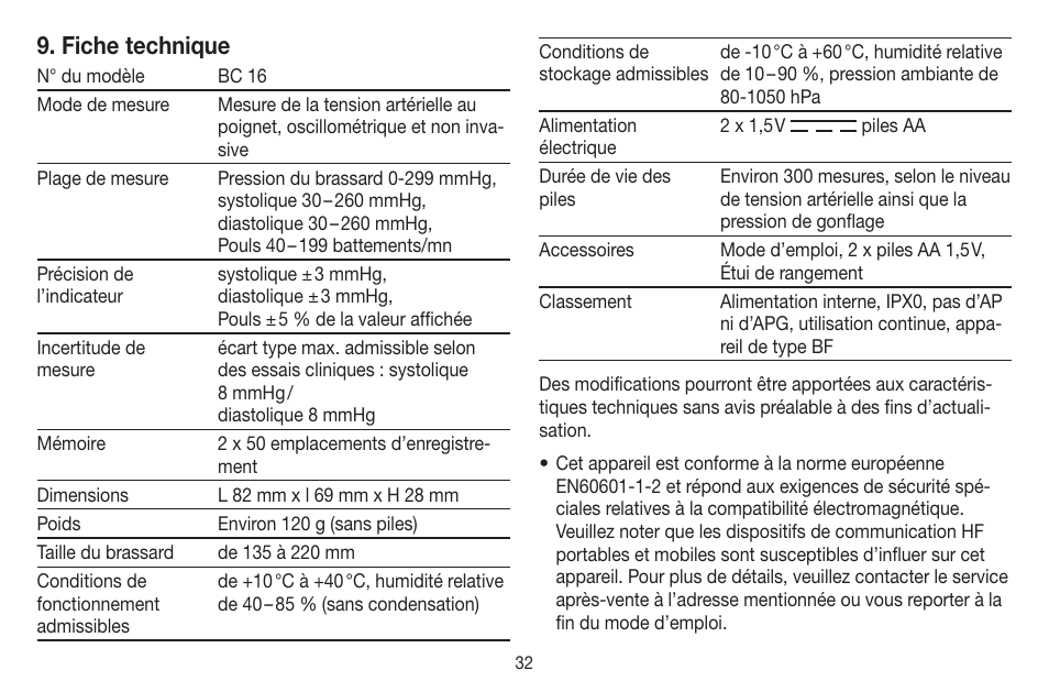 Fiche technique | Beurer BC 16 User Manual | Page 32 / 88