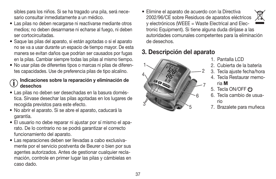 Descripción del aparato | Beurer BC 16 User Manual | Page 37 / 88