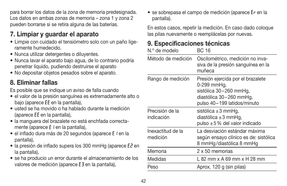 Limpiar y guardar el aparato, Eliminar fallas, Especificaciones técnicas | Beurer BC 16 User Manual | Page 42 / 88