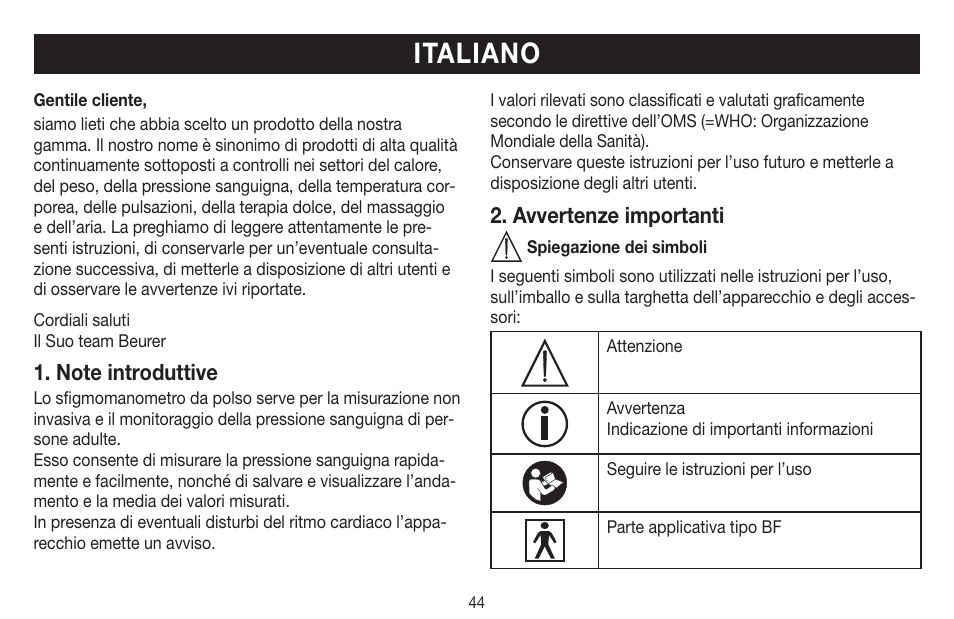 Italiano, Avvertenze importanti | Beurer BC 16 User Manual | Page 44 / 88