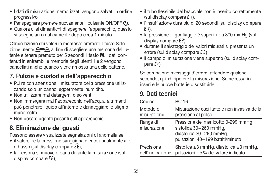 Pulizia e custodia dell’apparecchio, Eliminazione dei guasti, Dati tecnici | Beurer BC 16 User Manual | Page 52 / 88