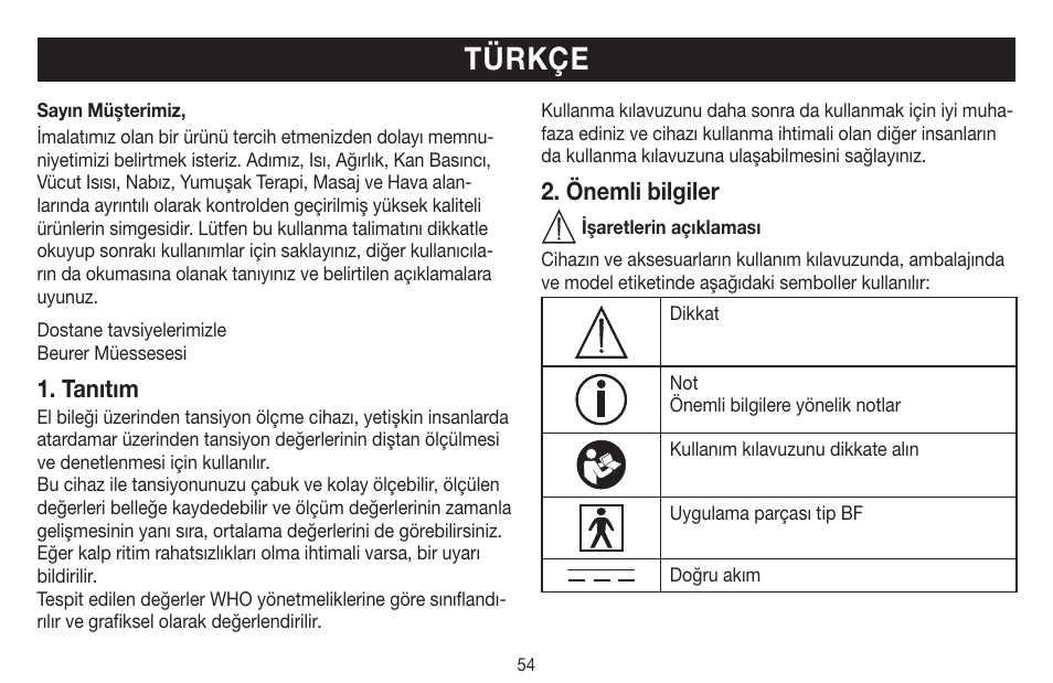 Türkçe, Tanıtım, Önemli bilgiler | Beurer BC 16 User Manual | Page 54 / 88