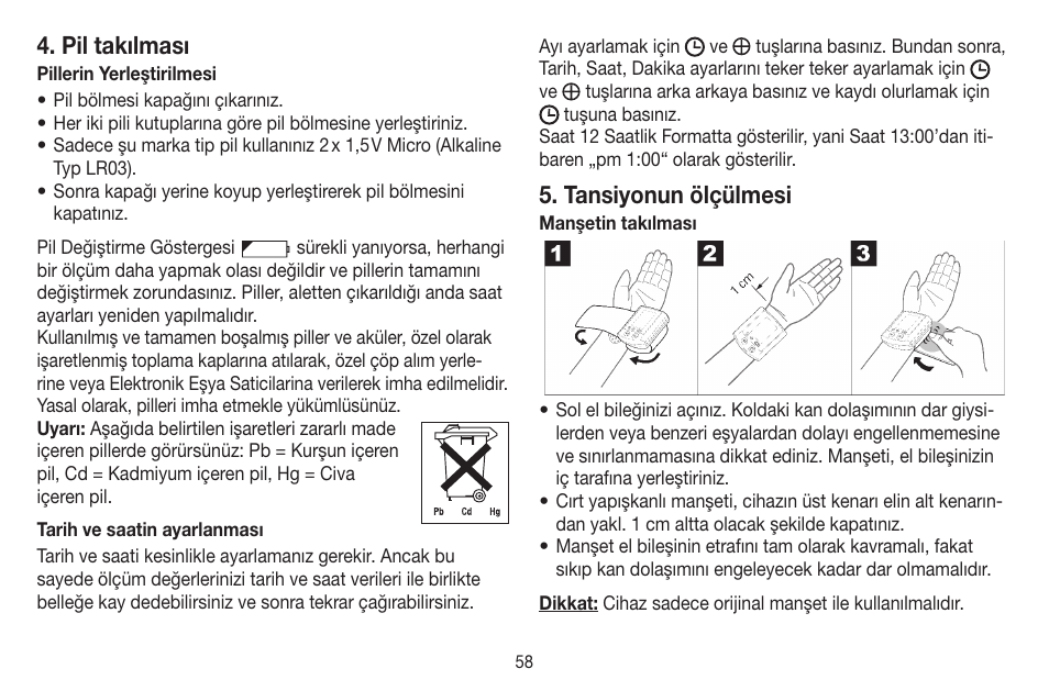 Pil takılması, Tansiyonun ölçülmesi | Beurer BC 16 User Manual | Page 58 / 88