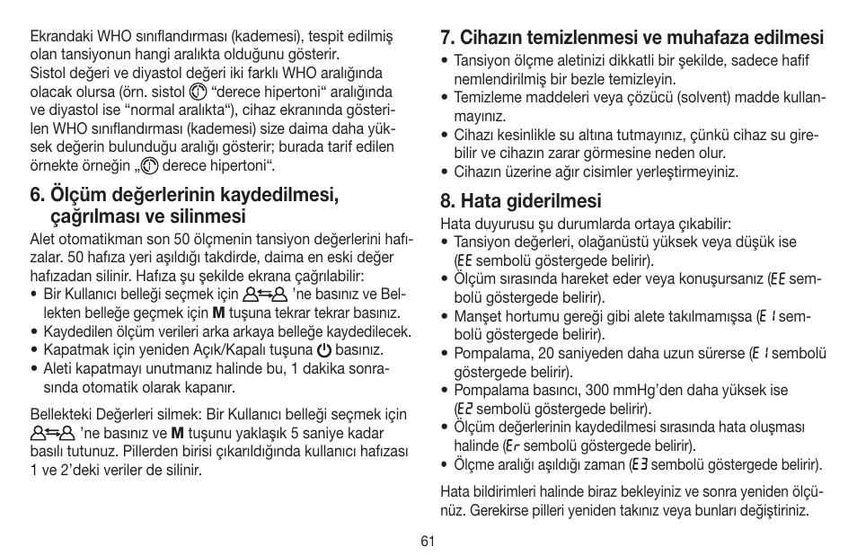 Cihazın temizlenmesi ve muhafaza edilmesi, Hata giderilmesi | Beurer BC 16 User Manual | Page 61 / 88