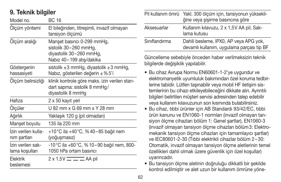 Teknik bilgiler | Beurer BC 16 User Manual | Page 62 / 88