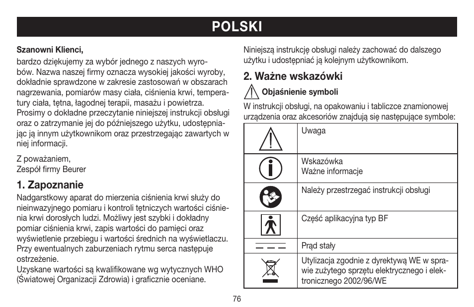 Polski, Zapoznanie, Ważne wskazówki | Beurer BC 16 User Manual | Page 76 / 88