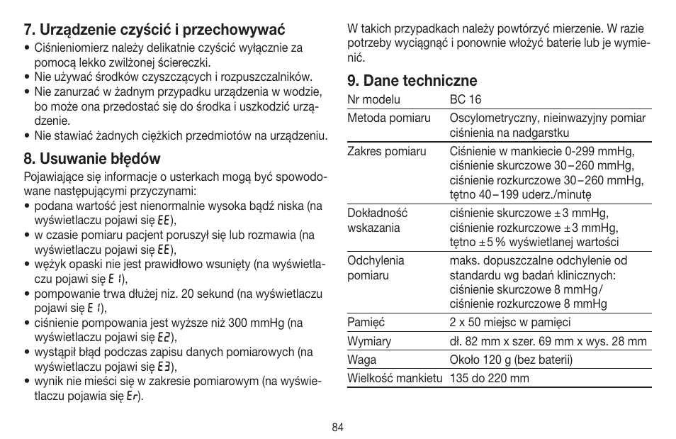 Urządzenie czyścić i przechowywać, Usuwanie błędów, Dane techniczne | Beurer BC 16 User Manual | Page 84 / 88