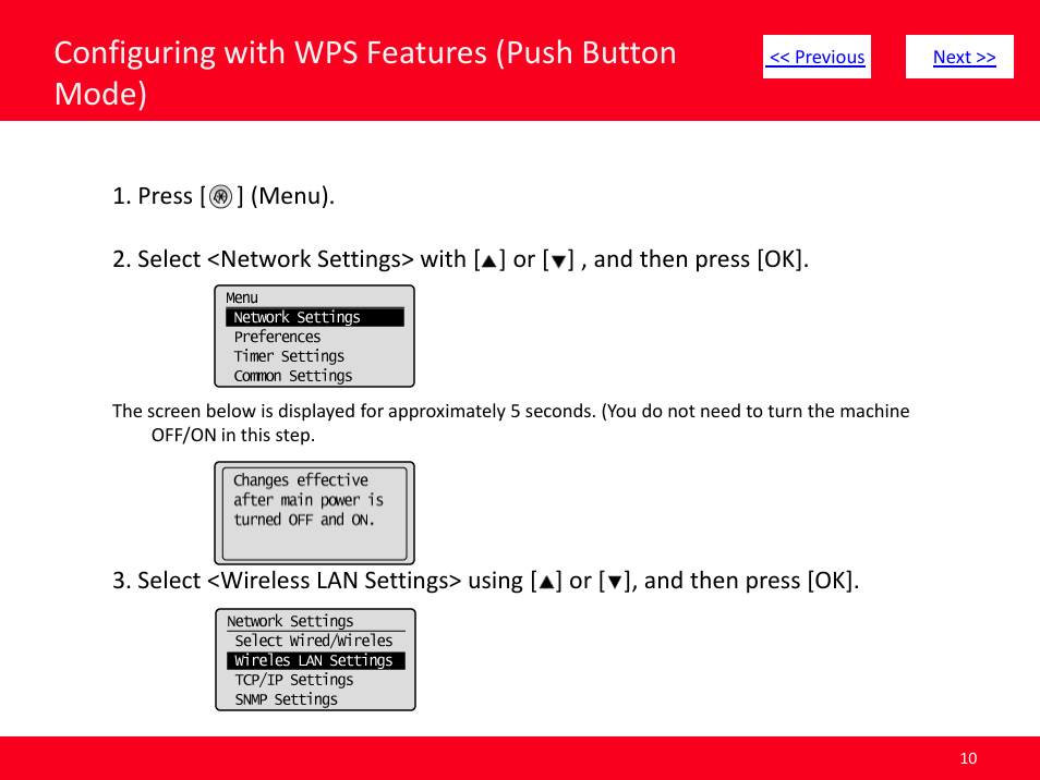 Slide number 10, Next, Click here | Configuring with wps features (push button mode) | Canon MF8380CDW User Manual | Page 10 / 46