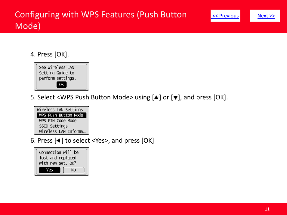 Slide number 11, Configuring with wps features (push button mode) | Canon MF8380CDW User Manual | Page 11 / 46