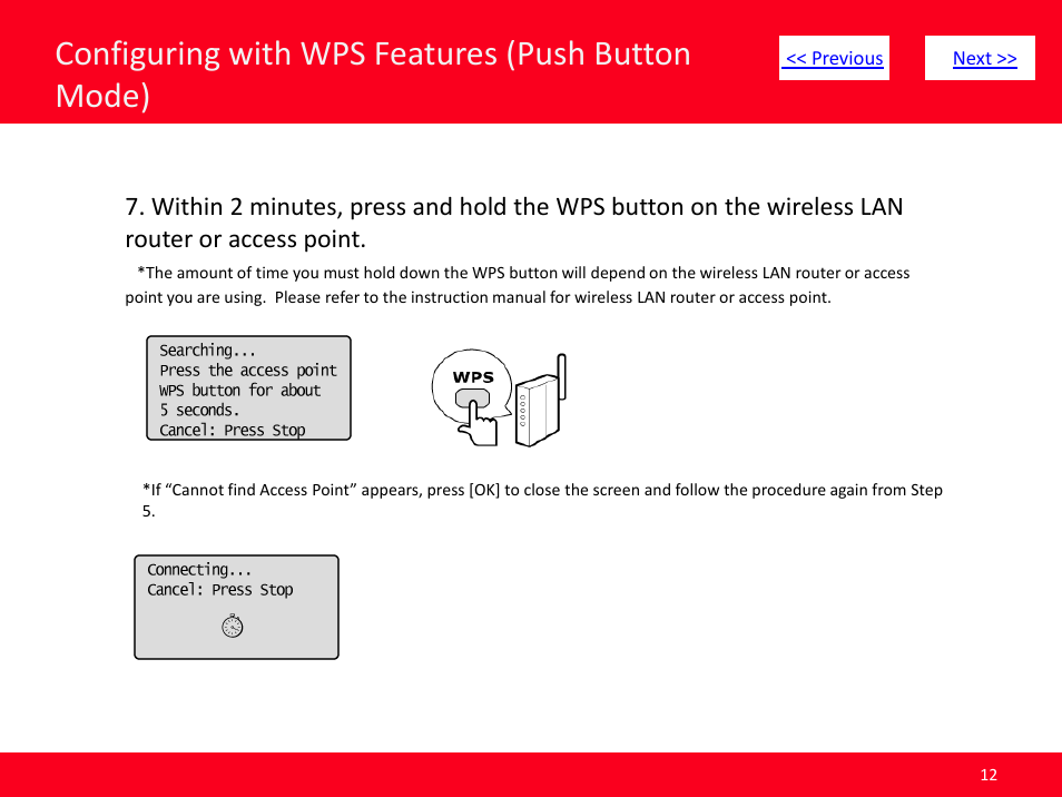 Slide number 12, Configuring with wps features (push button mode) | Canon MF8380CDW User Manual | Page 12 / 46