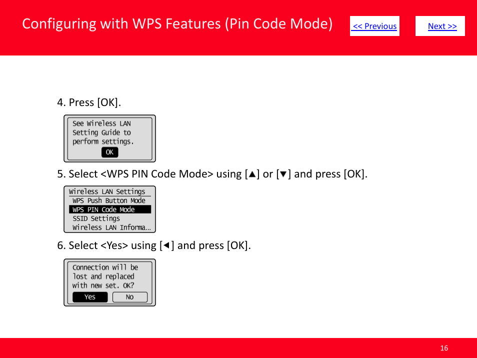 Slide number 16, Configuring with wps features (pin code mode) | Canon MF8380CDW User Manual | Page 16 / 46