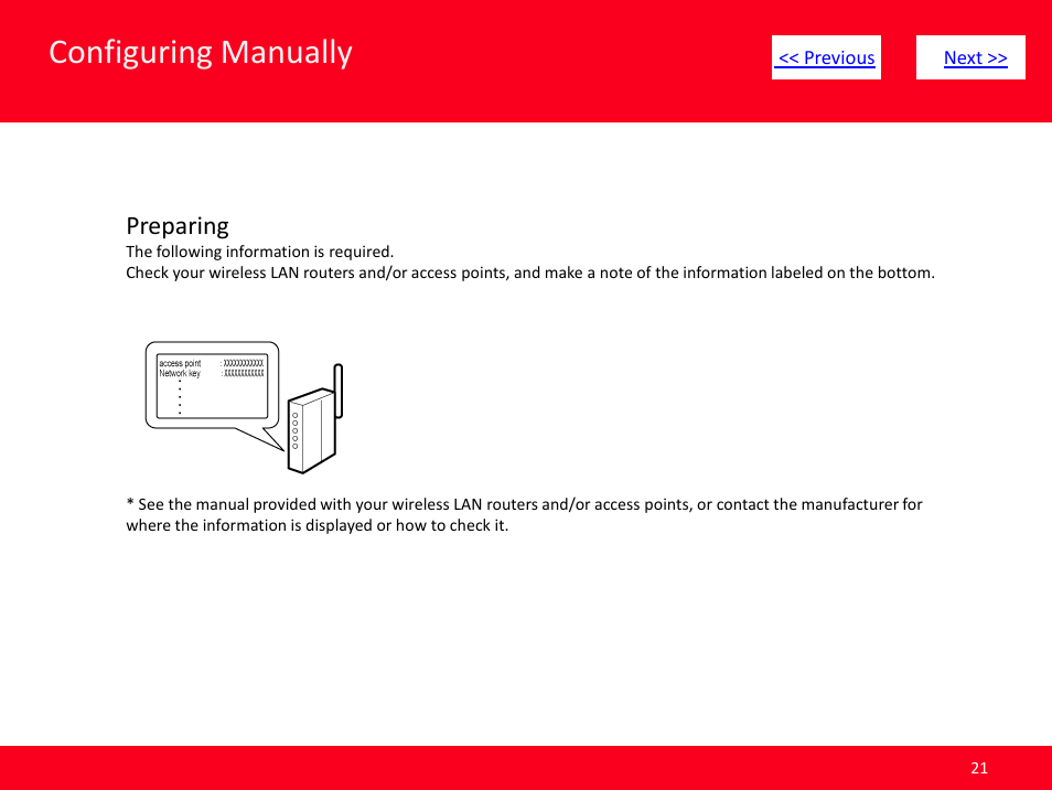 Slide number 21, Click here, Next | Configuring manually, Preparing | Canon MF8380CDW User Manual | Page 21 / 46