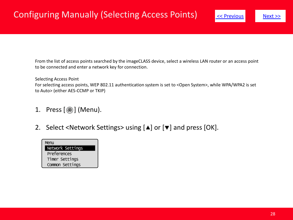 Slide number 28, Click here, Next | Configuring manually (selecting access points) | Canon MF8380CDW User Manual | Page 28 / 46