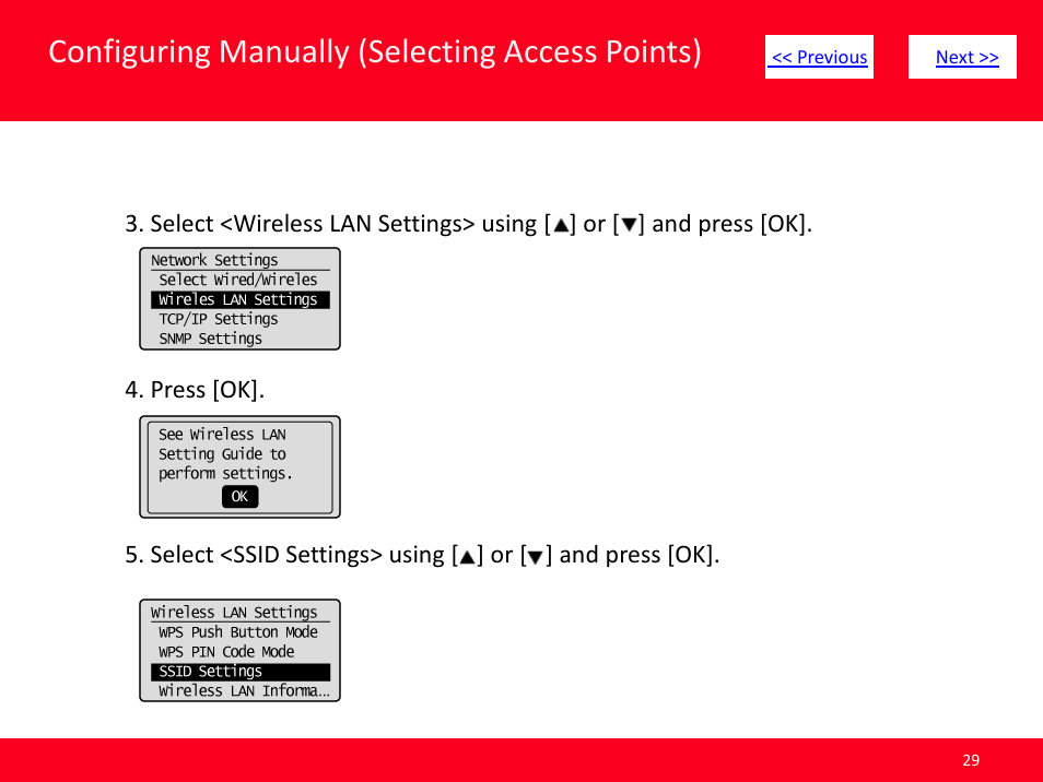 Slide number 29, Configuring manually (selecting access points) | Canon MF8380CDW User Manual | Page 29 / 46